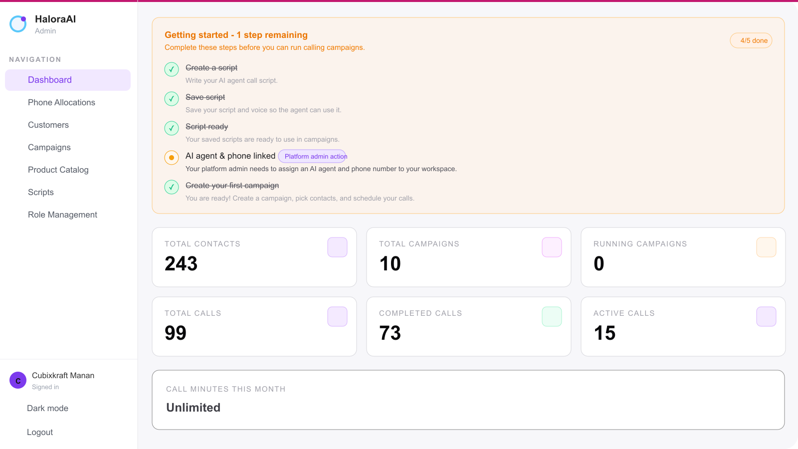 HaloraAI customer dashboard showing contacts, campaigns, calls, onboarding checklist, and usage